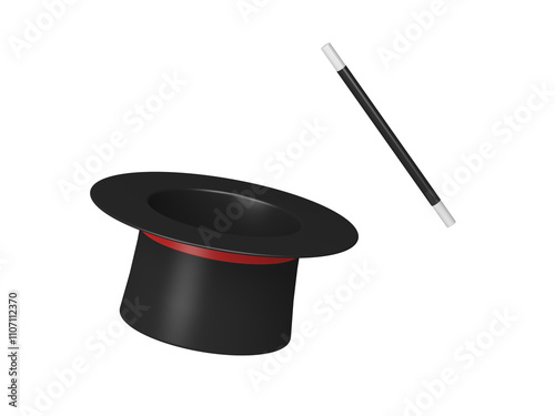 Magic top hat and wand. Isolated. Empty. 3d illustration. photo