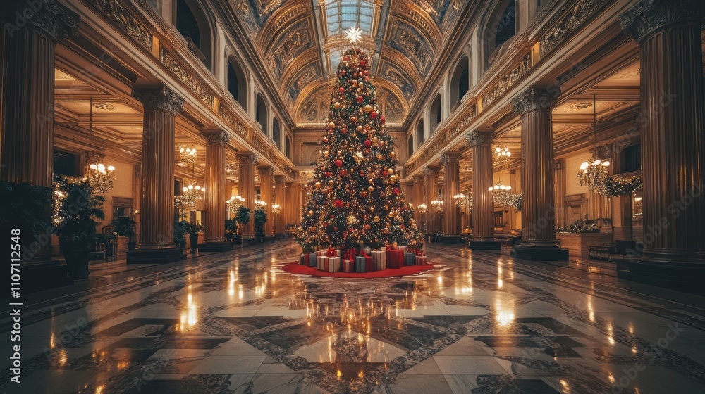 Obraz premium Majestic Christmas Tree Decorated with Colorful Ornaments and Presents in Elegant Hall, Surrounded by Architectural Grandeur and Warm Holiday Lights