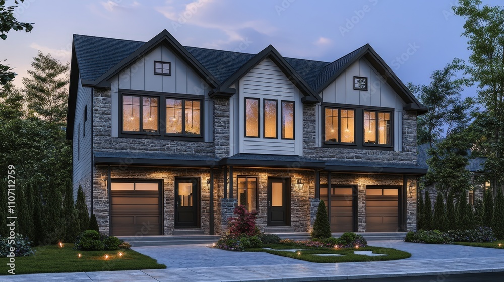 A duplex house model with separate entrances and mirrored layouts, ideal for multi-family living or rental spaces A duplex house model with separate entrances and mirrored layouts, ideal for multi-family living or rental spaces