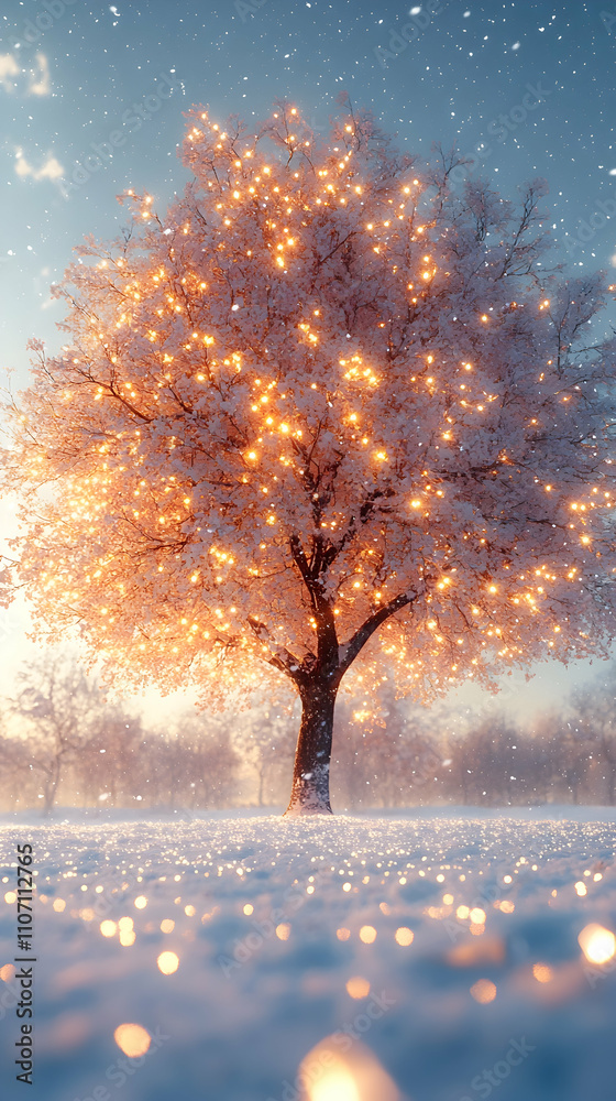 Illuminated snow-covered tree in winter wonderland. Illuminated snow-covered tree in winter wonderland.