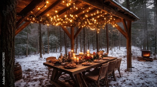 Cozy Winter Outdoor Dinner Setup with Wooden Table, Festive Decorations, Warm Lights, Snowy Forest Background, and Candlelit Ambiance in a Rustic Log Cabin Environment photo