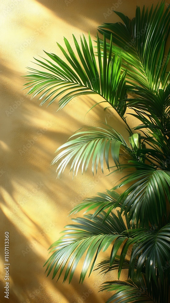 A lush green plant against a warm, softly lit yellow wall, creating a serene atmosphere.