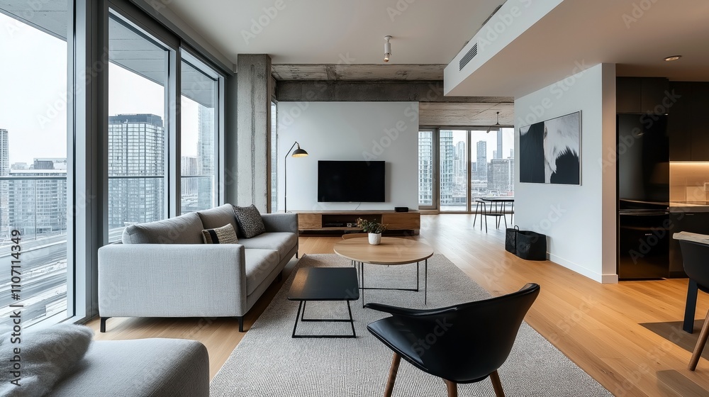 Fototapeta premium Modern living room interior with gray sofa, flat-screen TV, coffee table, large windows displaying cityscape, open kitchen area, and contemporary decor.