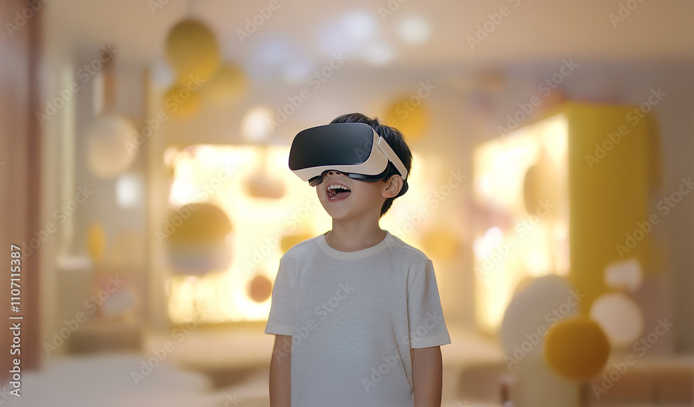 Boy using VR headset to interact with virtual objects Boy using VR headset to interact with virtual objects