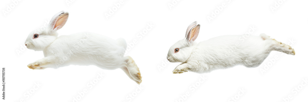 set of adorable white rabbits jumping in mid-air isolated on transparent or white background