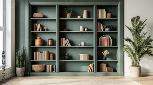 Green built-in bookcase filled with books  plants  and decor in a bright room.