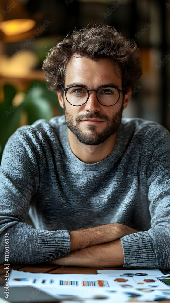 A man with glasses sits at a table, looking confidently at the camera, surrounded by documents.