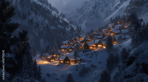 Wallpaper Mural A picturesque mountain village nestled in the snow-covered Alps, adorned with twinkling lights and festive decorations during Christmas Torontodigital.ca
