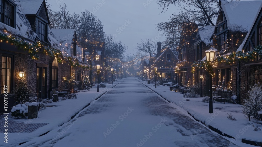 Fototapeta premium Serene Winter Village Street at Dusk with Glowing Christmas Lights and Snow-Covered Houses Creating a Cozy Holiday Atmosphere