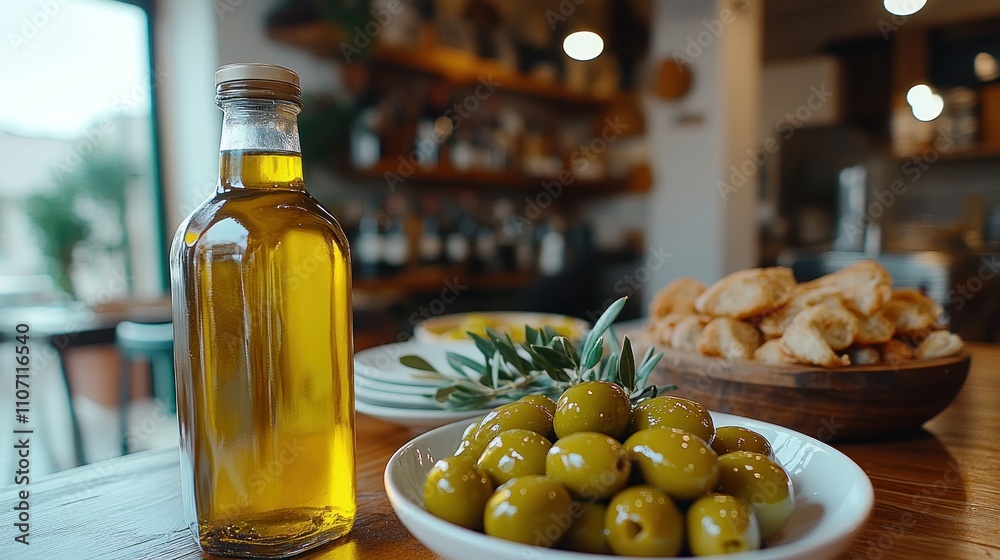 Olive oil bottle and olives on a table in a cafe, with bread. Olive oil bottle and olives on a table in a cafe, with bread.