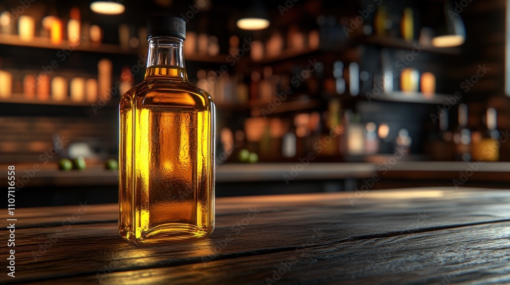 Olive oil bottle on a wooden bar table in a dimly lit bar. Olive oil bottle on a wooden bar table in a dimly lit bar.