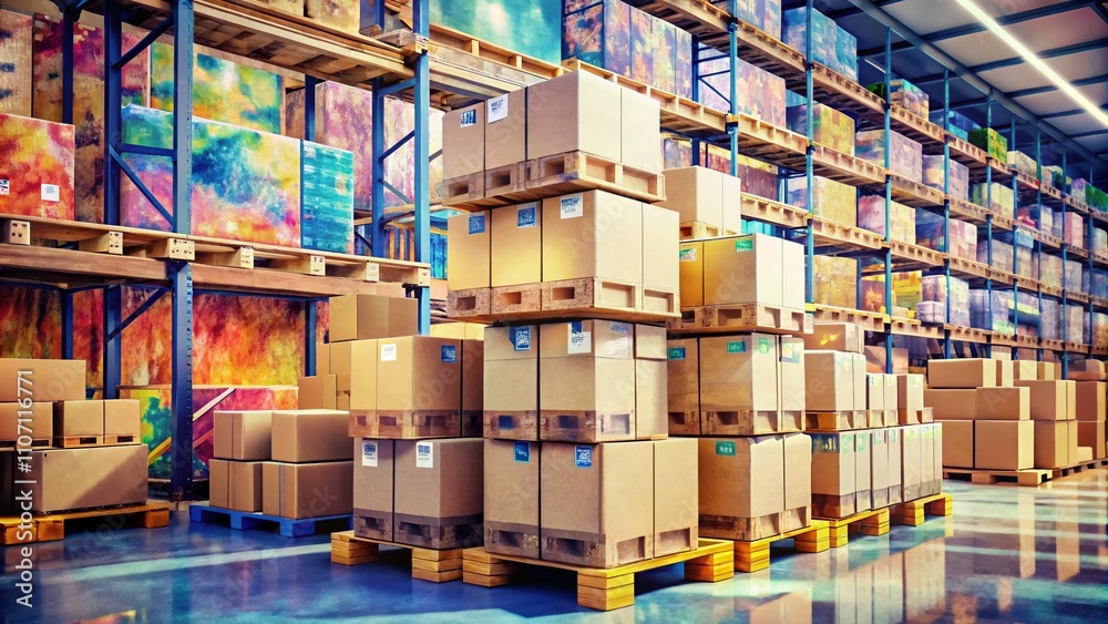 A bustling warehouse filled with cardboard boxes, all meticulously labeled, creates a scene of organized chaos, showcasing efficiency amidst the lively activity of logistics. A bustling warehouse filled with cardboard boxes, all meticulously labeled, creates a scene of organized chaos, showcasing efficiency amidst the lively activity of logistics.