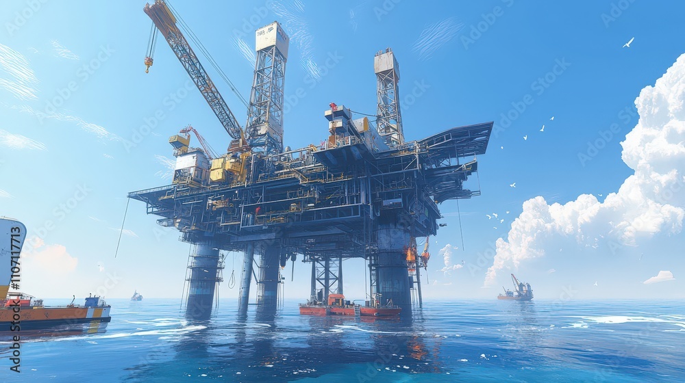 A large offshore oil drilling rig in the middle of the ocean, with workers operating machinery under clear blue skies. A large offshore oil drilling rig in the middle of the ocean, with workers operating machinery under clear blue skies.