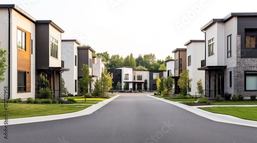 Modern residential neighborhood with contemporary row houses, lined with greenery and trees, paving an empty street under a clear sky, highlighting minimalistic architectural design.