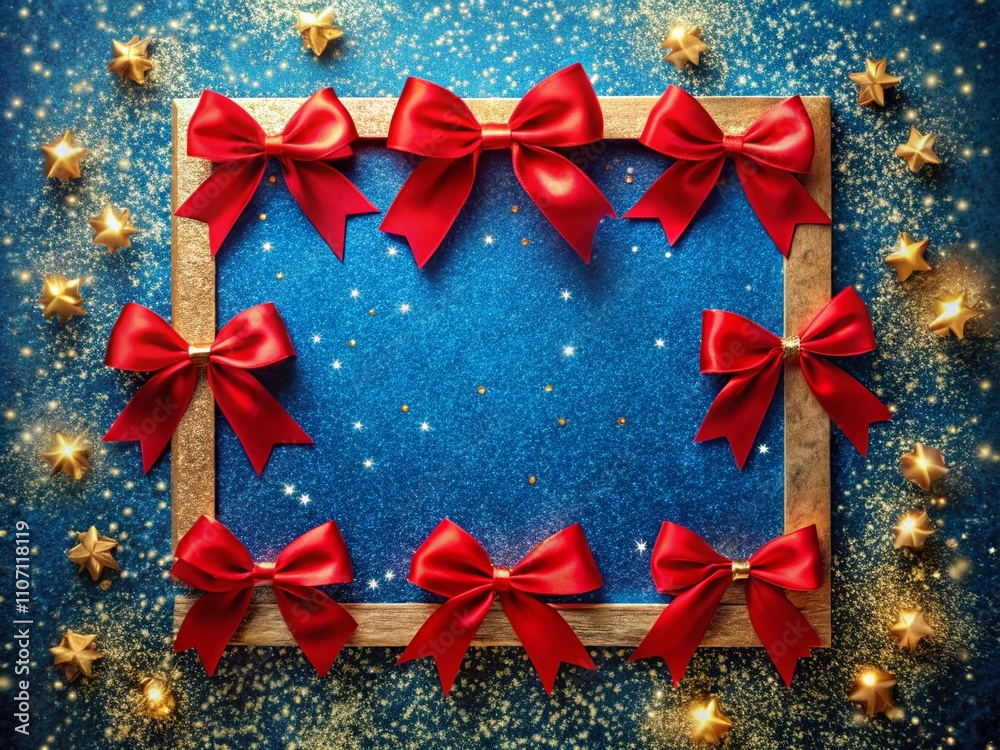 A cheerful square frame adorned with red bows against a blue backdrop, featuring golden sparkles. Perfect for holiday invitations, celebrations, and festive decor. A cheerful square frame adorned with red bows against a blue backdrop, featuring golden sparkles. Perfect for holiday invitations, celebrations, and festive decor.