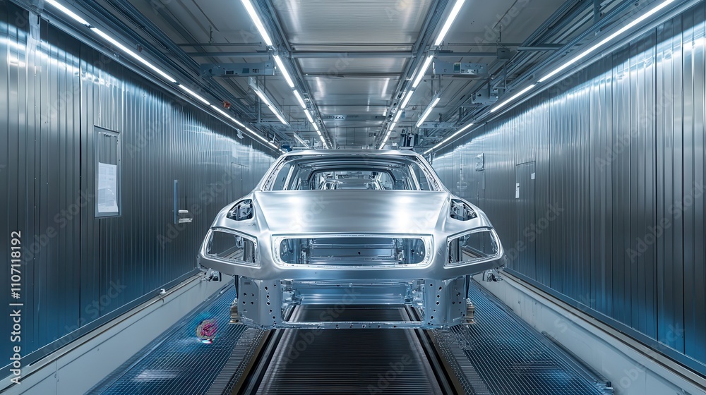 Fototapeta premium A silver car is being built in a factory