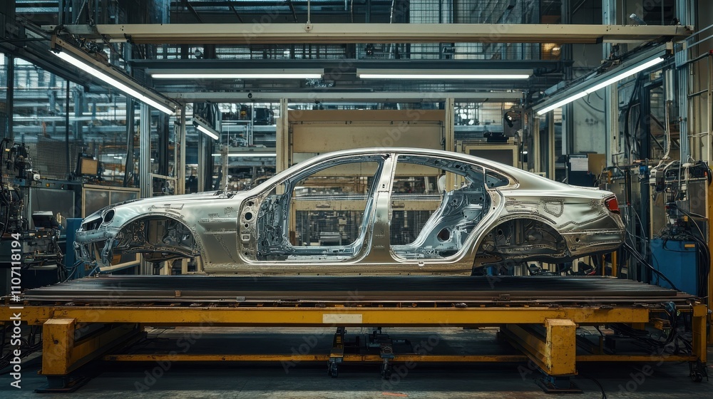 A car is being built in a factory A car is being built in a factory