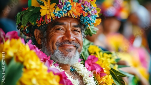 Elderly Man Smiling in Traditional Hawaiian Attire
 photo