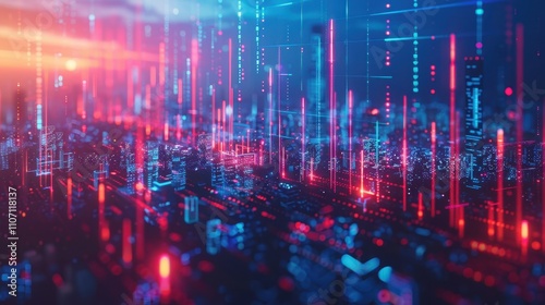 A vibrant  digital landscape showcasing glowing data streams in red and blue  symbolizing technology and connectivity.