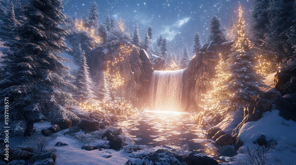 Fototapeta premium Enchanting Winter Scene with Waterfall Surrounded by Snowy Trees and Glowing Lights in a Serene Night Setting