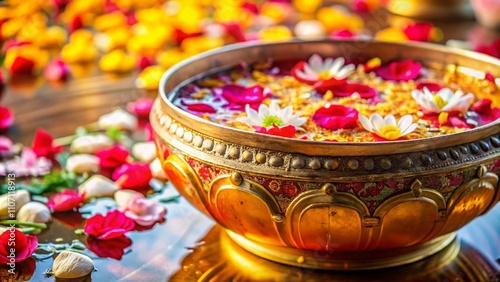 A closeup of a water bowl adorned with flower petals, capturing the essence of Songkran, representing purity, renewal, and the joy of spring celebrations.
