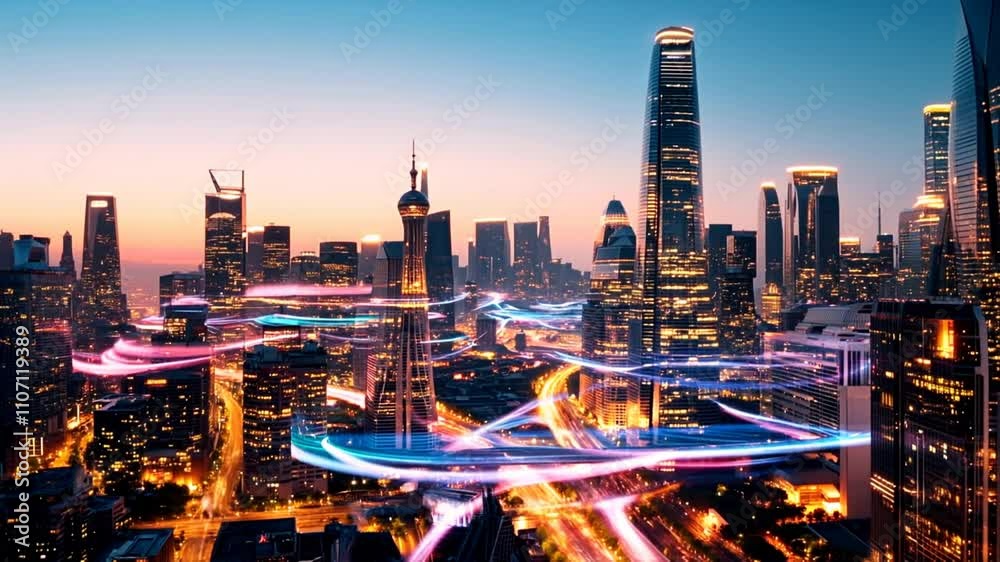 Vibrant cityscape with illuminated skyscrapers at sunset, showcasing modern architecture and technology, as data streams blend seamlessly into urban skyline. Vibrant cityscape with illuminated skyscrapers at sunset, showcasing modern architecture and technology, as data streams blend seamlessly into urban skyline.