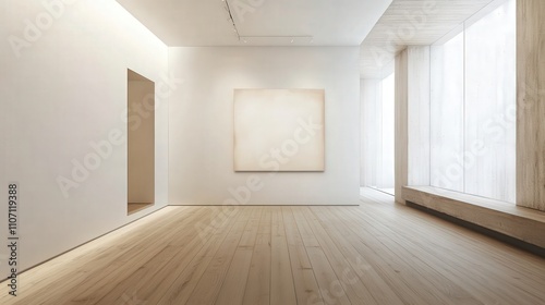 A minimalist-style hallway with white walls, natural wood flooring, and subtle lighting.