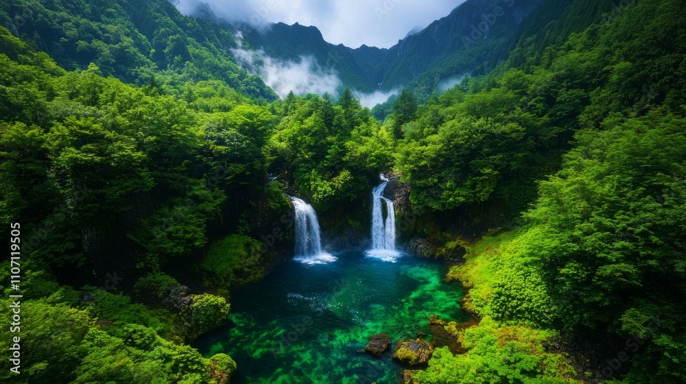 Stunning Twin Waterfalls Flowing into a Pristine Emerald Pool in a Lush Forest Stunning Twin Waterfalls Flowing into a Pristine Emerald Pool in a Lush Forest