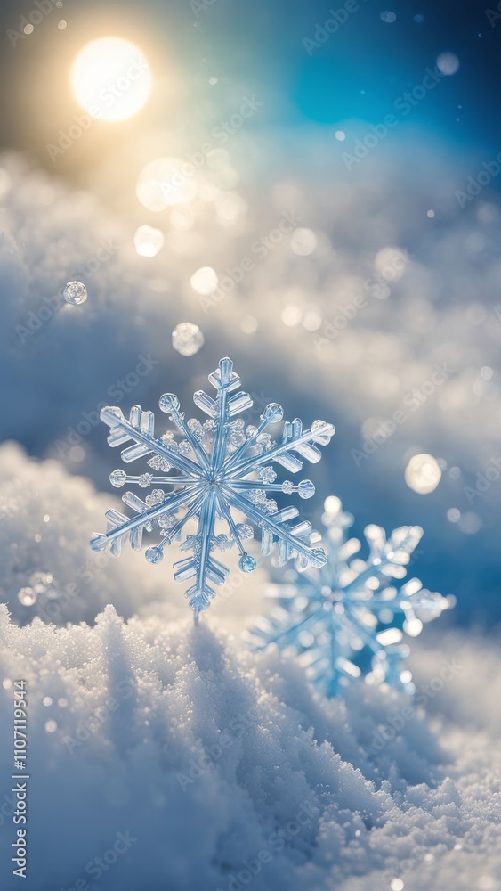 Close-up of two crystal snowflakes on a snowy surface with sunlight and bokeh background. Winter and Christmas concept Close-up of two crystal snowflakes on a snowy surface with sunlight and bokeh background. Winter and Christmas concept