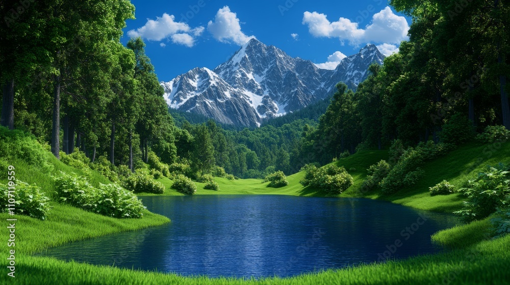 Serene Alpine Lake with Snow-Capped Mountain Views and Lush Forest Serene Alpine Lake with Snow-Capped Mountain Views and Lush Forest