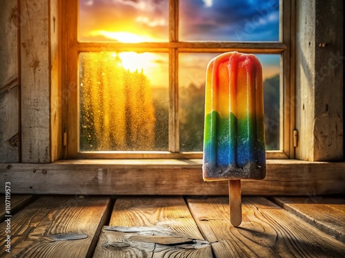 A colorful popsicle melts on a weathered windowsill, basking in sunlight. Its vibrant hues blend beautifully, creating a warm, cheerful glow on a sunny day.