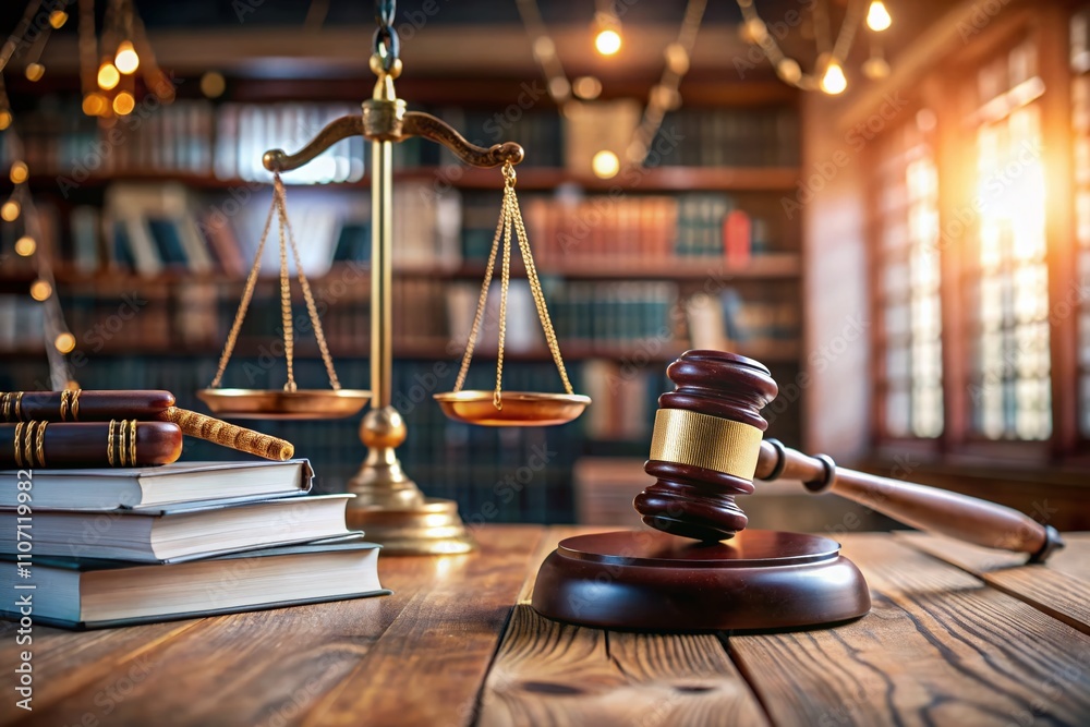 A courtroom scene featuring a wooden gavel and scales of justice in focus, while blurred law books in the background illustrate the essence of legal authority. A courtroom scene featuring a wooden gavel and scales of justice in focus, while blurred law books in the background illustrate the essence of legal authority.