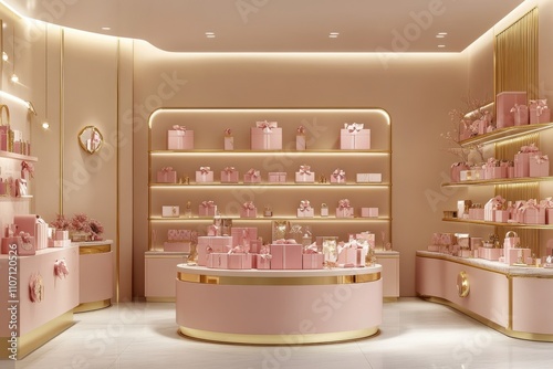 A store with pink walls and pink shelves photo