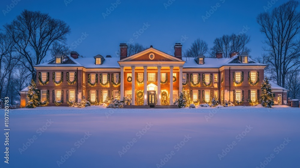 Elegant Winter Mansion Illuminated by Soft Lights in Snowy Landscape, Perfect for Holiday Celebrations and Seasonal Decor Photography Elegant Winter Mansion Illuminated by Soft Lights in Snowy Landscape, Perfect for Holiday Celebrations and Seasonal Decor Photography
