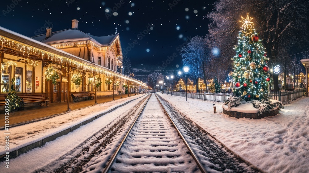 Serene Winter Night at a Charming Train Station with Snow-Covered Tracks and a Festive Christmas Tree Decorated with Colorful Ornaments Serene Winter Night at a Charming Train Station with Snow-Covered Tracks and a Festive Christmas Tree Decorated with Colorful Ornaments