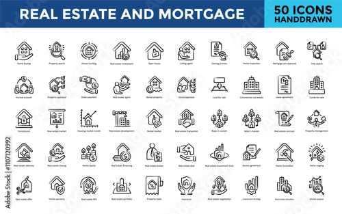Real estate and mortgage icon set with mortgage loan, mortgage rates, refinance, loan approval, fixed rate mortgage, adjustable rate mortgage, mortgage broker icon. Simple handdrawn vector 
