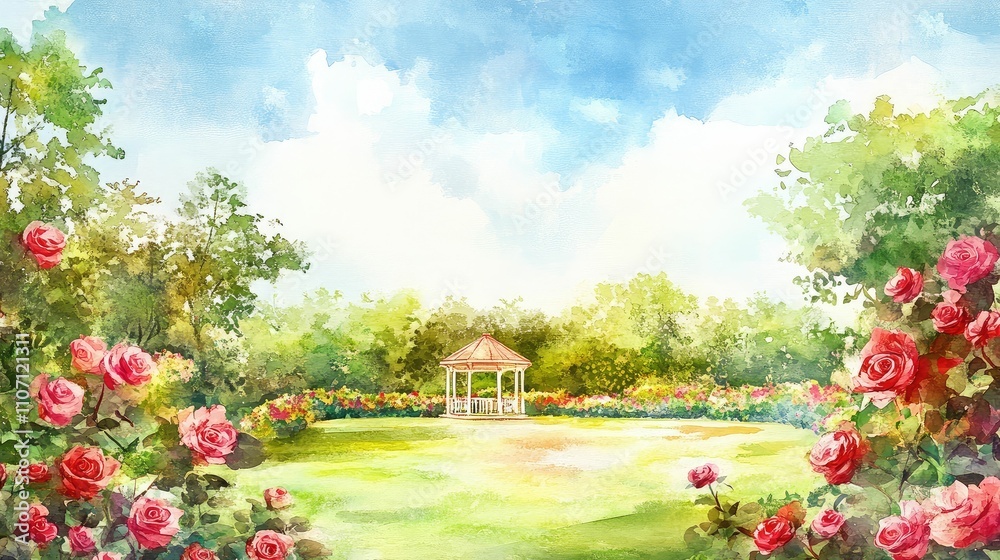 Fototapeta premium watercolor garden background, spring and summer background with copy space for text - landscape with plants, leaves, flowers - background for banner, greeting card, poster.