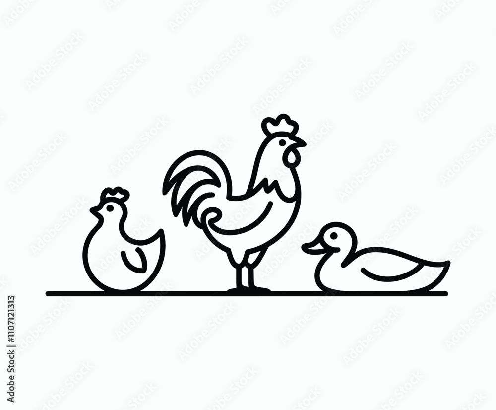 Fototapeta premium Clean Line Rooster and Duck Silhouette Vector Template
