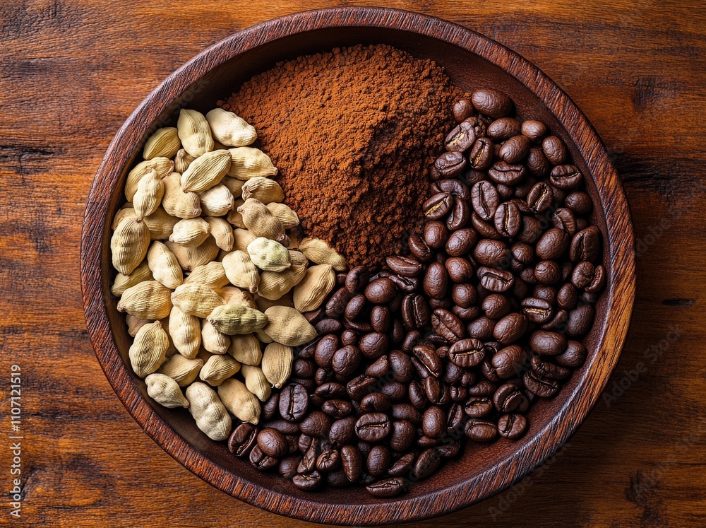 Fototapeta premium Aromatic coffee beans, ground coffee, and cardamom pods in a rustic wooden bowl. A high-angle, close-up shot showcasing the rich colors and textures of these ingredients.
