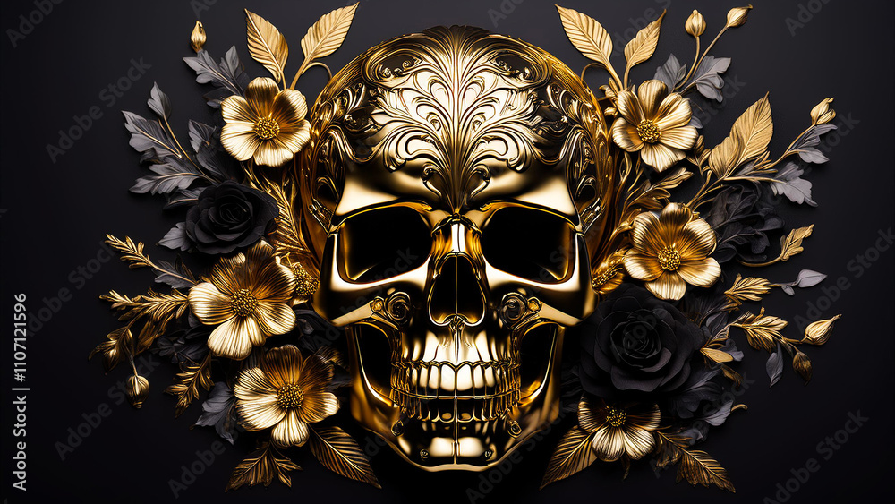 Naklejka premium Gothic Skull with Floral Decorations Around