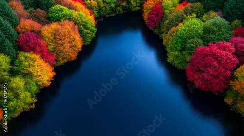 Vibrant Autumn Forest Surrounding a Serene Blue Lake