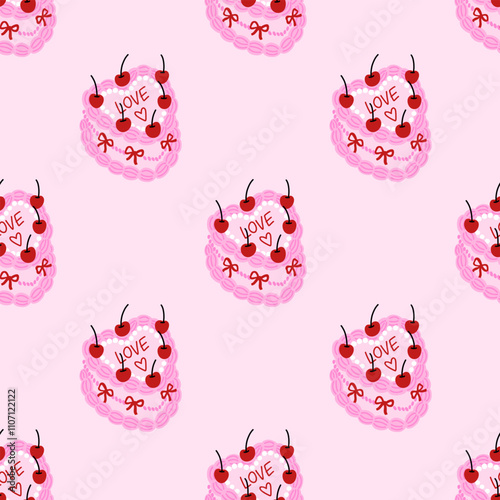 Seamless pattern of coquette cake decorated with cream, red bow, cherry berry, beads. Background with vintage heart shaped cake for wedding or birthday, valentine day