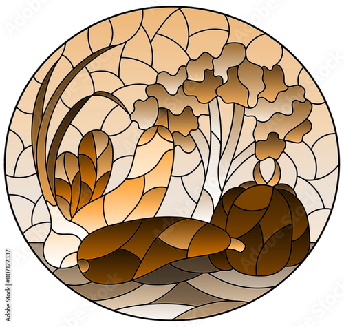 An illustration in the style of a stained glass window with a composition of ripe fresh vegetables on a table , oval image, tone brown