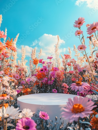 A beautiful field of flowers with a white pedestal in the middle