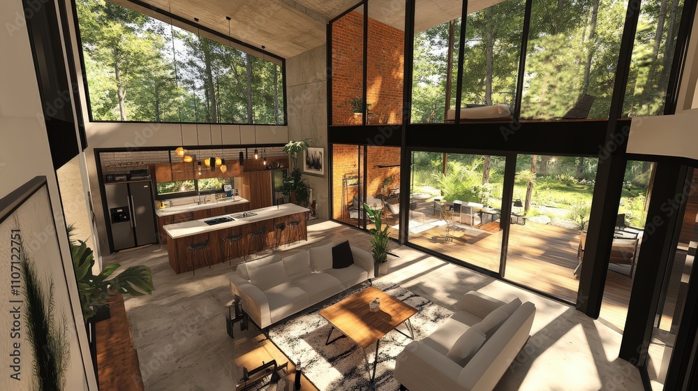 A modern loft-style house model with industrial elements, exposed brick, and large windows, creating a spacious, airy feel A modern loft-style house model with industrial elements, exposed brick, and large windows, creating a spacious, airy feel