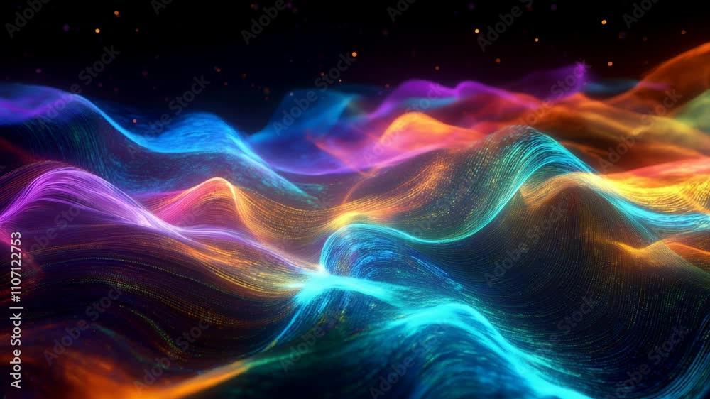 Vibrant waves of color flow through dark space, creating dynamic visual patterns that evoke sense of energy and movement in this mesmerizing experience. Vibrant waves of color flow through dark space, creating dynamic visual patterns that evoke sense of energy and movement in this mesmerizing experience.