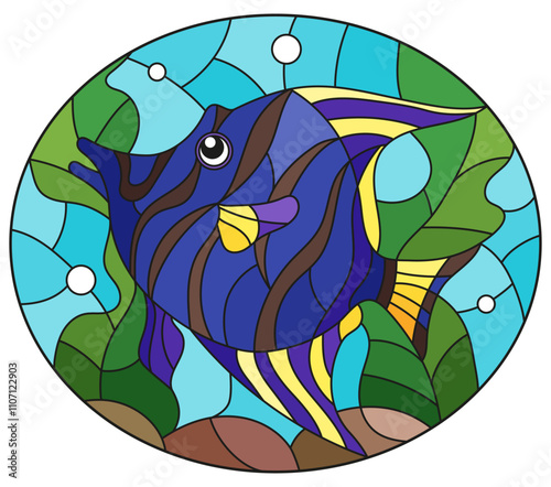 An illustration in the style of a stained glass window with an aquarium fish on a background of algae and water