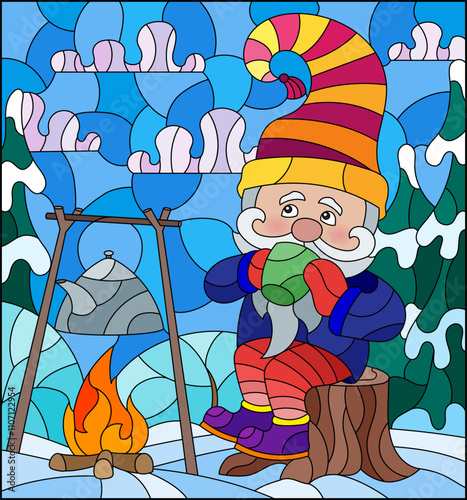 An illustration in the style of a stained glass window with gnome around a campfire on the background of a winter landscape