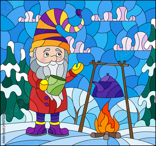 An illustration in the style of a stained glass window with gnome around a campfire on the background of a winter landscape