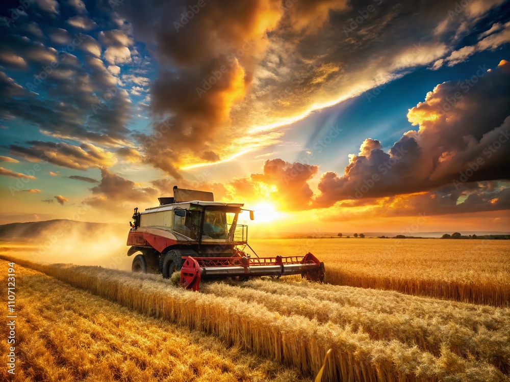 Fototapeta premium A dreamlike combine machine glides through golden wheat fields, embodying the harmony of agriculture with nature, creating a surreal tapestry of life and labor.
